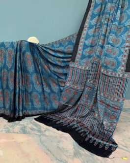 Ajrakh block print indigo modal silk saree with full body floral boota print and thin border on both sides with striped prints and traditional ajrakh block print design on anchal