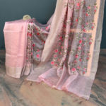 Silk Linen pink saree with zari border and all over floral embroidery