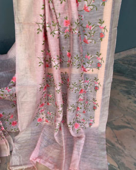 Silk Linen pink saree with zari border and all over floral embroidery
