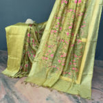 Silk Linen light mehandi green saree with zari border and all over floral embroidery