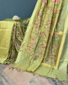 Silk Linen light mehandi green saree with zari border and all over floral embroidery