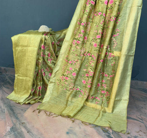 Silk Linen light mehandi green saree with zari border and all over floral embroidery