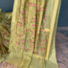 Silk Linen light mehandi green saree with zari border and all over floral embroidery