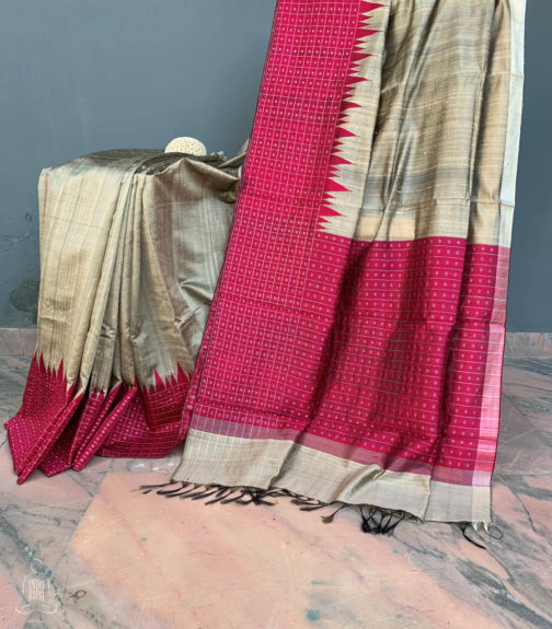 Raw silk saree in natural golden look beige with magenta border silver boota