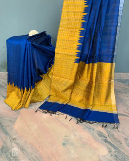 Raw silk saree in royal blue and yellow border with silver boota