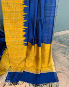 Raw silk saree in royal blue and yellow border with silver boota