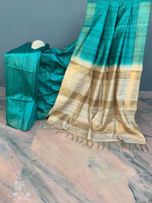 Gheecha silk saree in turquoise and beige anchal