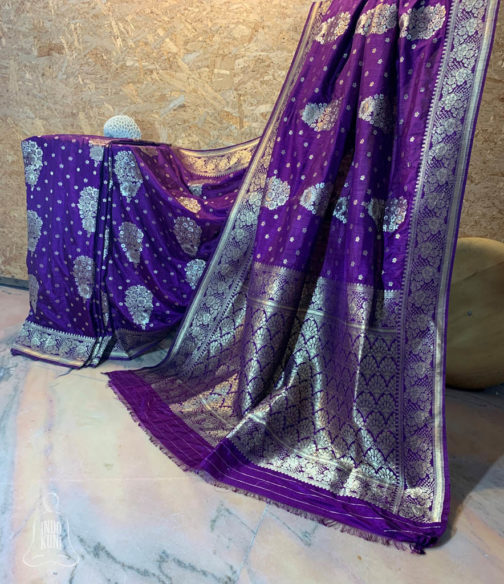 Banarasi Soft Silk Purple saree with antique silver zari combo zari floral boota all over with zari and brocade work on border and anchal