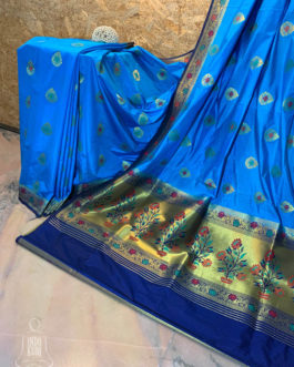 Banarasi Semi Katan silk light blue saree golden zari paisley boota with resham meenakari all over and zari and resham meenakari floral bel boota border and paithni weave anchal with resham meenakari on navy blue base