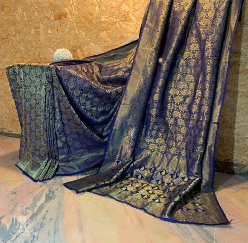 anarasi Tanchoi Soft silk navy blue saree with antique zari all over ambi design based full zari work with double border design and anchal in zari work