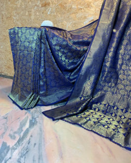 anarasi Tanchoi Soft silk navy blue saree with antique zari all over ambi design based full zari work with double border design and anchal in zari work