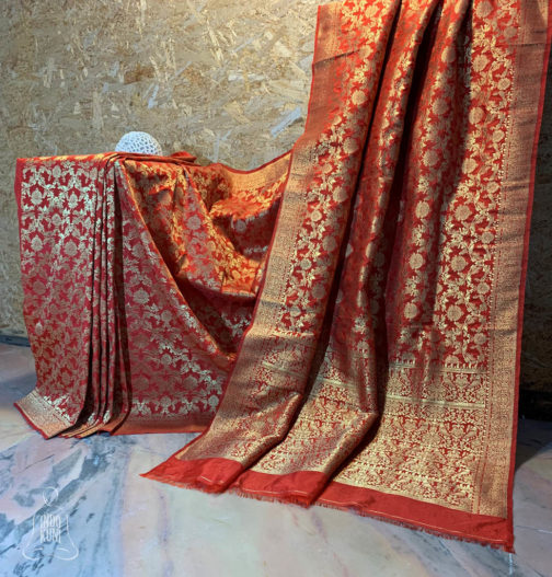 Banarasi Soft Silk bright red saree golden zari jangla patola weave all over in golden zari and border and anchal with intricate floral bel boota with bird figure