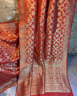 Banarasi Soft Silk bright red saree golden zari jangla patola weave all over in golden zari and border and anchal with intricate floral bel boota with bird figure