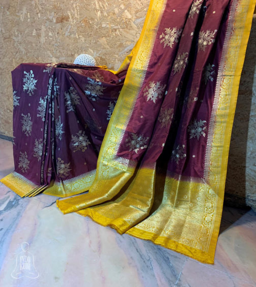 Banarasi Soft Silk dark brown saree with antique and copper zari floral boota with floral bel boota on border and anchal with heavy brocade work on contrast mustard yellow base