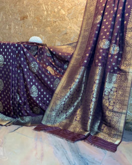Banarasi Soft Silk dark brown saree with antique and copper zari floral large and small boota with floral bel boota on border and anchal with heavy brocade work