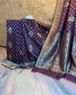 Banarasi Soft Silk dark brown saree with antique and copper zari floral large and small boota with floral bel boota on border and anchal with heavy brocade work