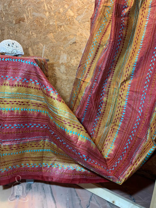 Brick red and dull green Silk Chunni with sky blue, white and brown color thread kantha stitch work