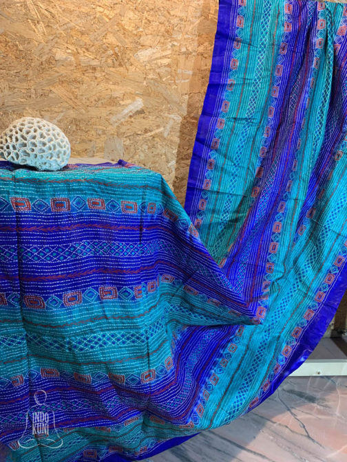 Royal Blue and Sea Green Silk Chunni with kantha stitch work