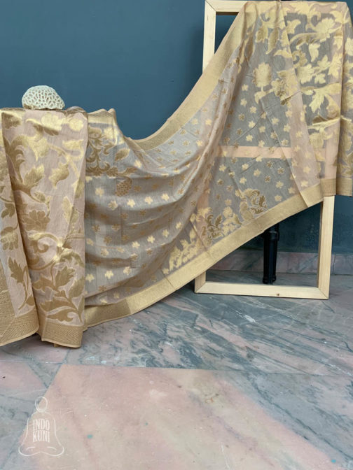 Banarasi Silk Cotton Dupatta Beige color base and zari bel boota and floral boota design and four sided zari border weave