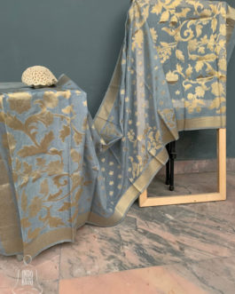 Banarasi Silk Cotton Dupatta Grey color with zari bel boota and floral boota design and four sided zari border weave