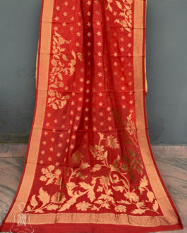 Banarasi Silk Cotton Dupatta Brick Red color with zari bel boota and floral boota design and four sided zari border weave