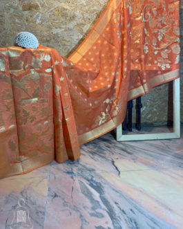 Banarasi Silk Cotton Dupatta Carrot Orange color and zari bel boota and floral boota design and four sided zari border weave