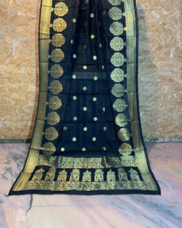 Banarasi Silk Cotton Dupatta Black color and zari vriksha boota along side the zari border and small floral boota in the body accompanied with intricate zari boota (anchal style) pattern at the sides