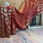 Banarasi Silk Cotton Dupatta Brick red color and zari bel boota and floral boota design and four sided zari border weave