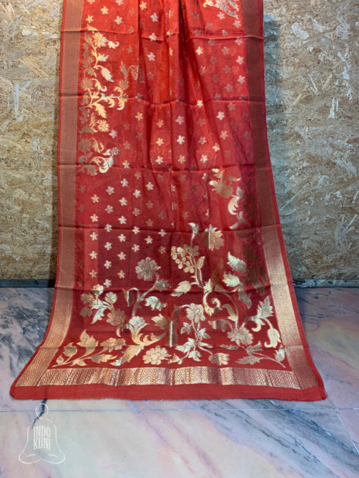 Banarasi Silk Cotton Dupatta Bright red color and zari bel boota and floral boota design and four sided zari border weave