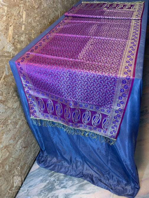 Banarasi silk Table Runner magenta with purple resham and golden zari patta bel boota design