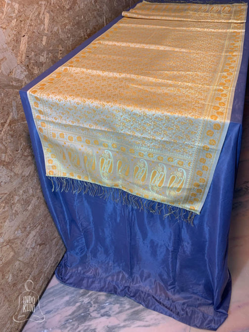 Banarasi silk Table Runner off-white with orange resham and golden zari floral bel boota design
