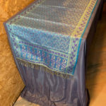Banarasi silk Table Runner light blue with purple resham and golden zari floral and paisley bel boota design
