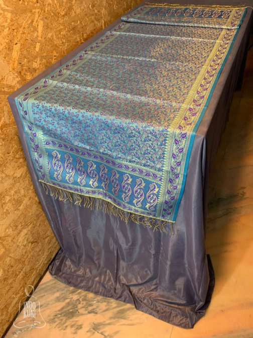 Banarasi silk Table Runner light blue with purple resham and golden zari floral and paisley bel boota design