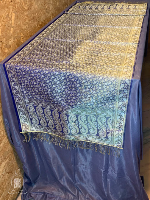 Banarasi silk Table Runner cobalt blue with white resham and golden zari floral bel boota design