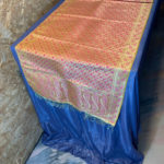 Banarasi silk Table Runner orange with magenta resham and golden zari floral and paisley bel boota design