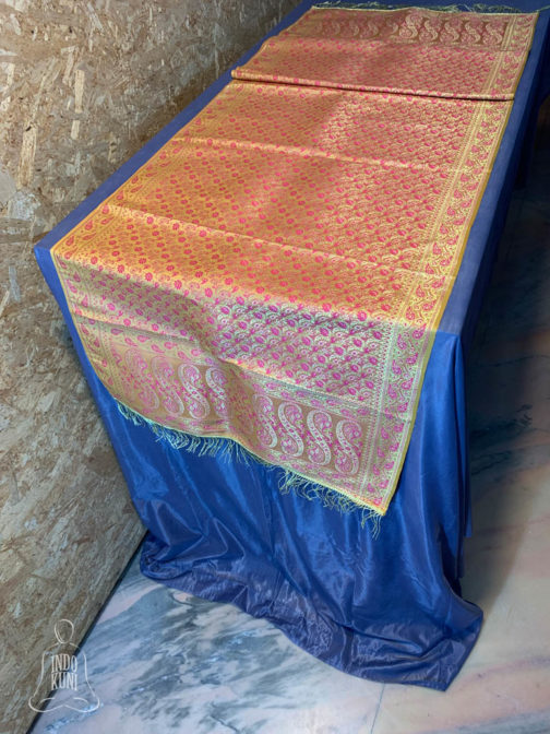 Banarasi silk Table Runner orange with magenta resham and golden zari floral and paisley bel boota design