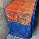 Banarasi silk Table Runner red with orange resham and golden zari floral and paisley bel boota design