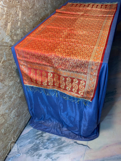 Banarasi silk Table Runner red with orange resham and golden zari floral and paisley bel boota design