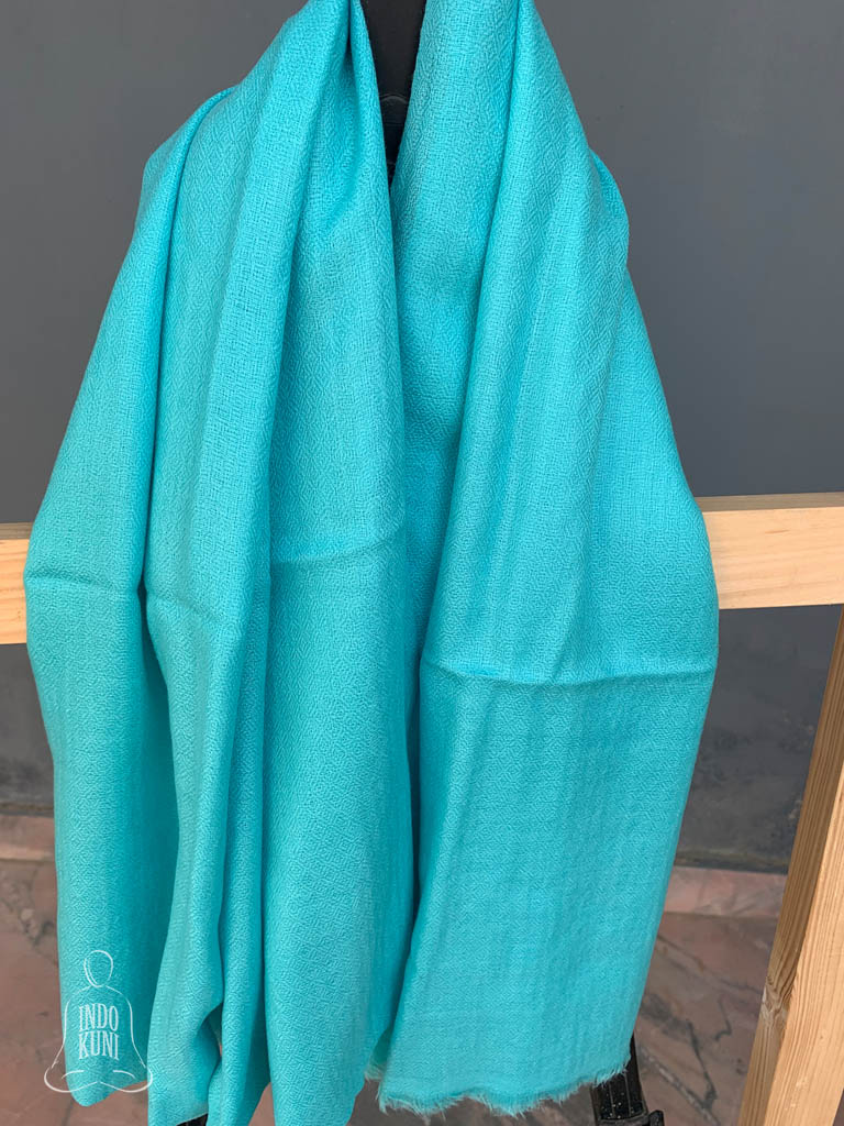 Pure Pashmina stole with small geometric pattern weave light blue in color