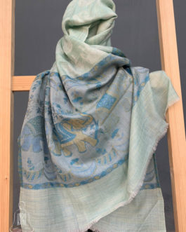 Pure Pashmina stole light sea green color with self woven elephant figure and elephant figure on border woven in blue and mustard color