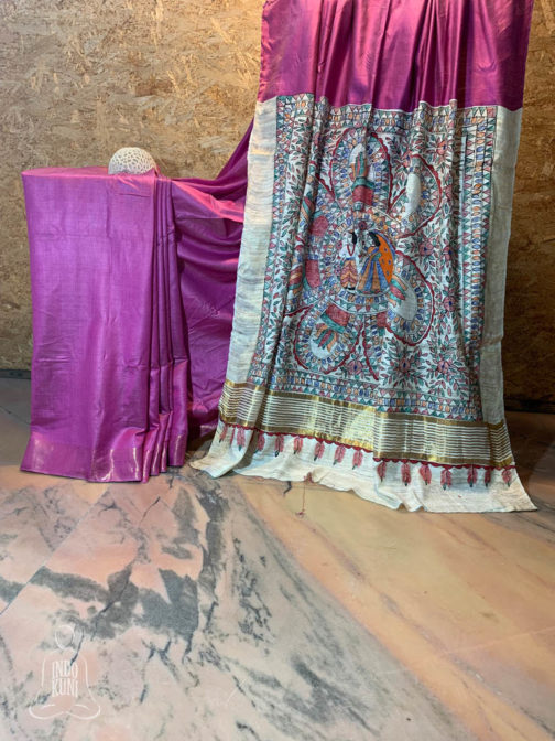 Madhubani hand painted Gheecha pallu pure silk saree in magenta