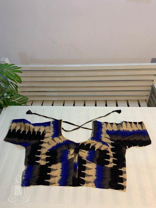 Ikat cotton front opening blouse in beige royal-blue and black