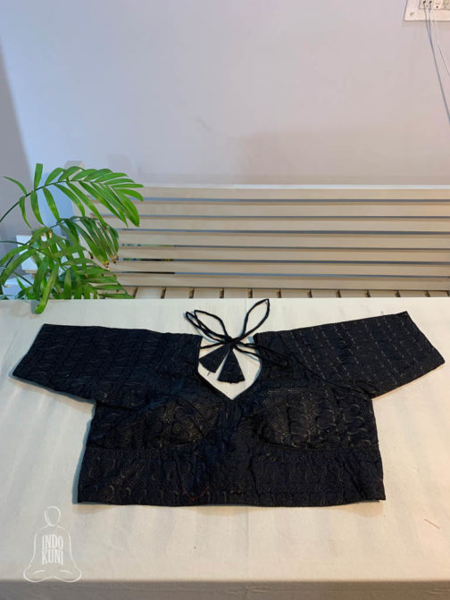 Chikankari work black cotton fabric choli cut back opening half-sleeve blousekari work black cotton fabric choli cut back opening half-sleeve blouse