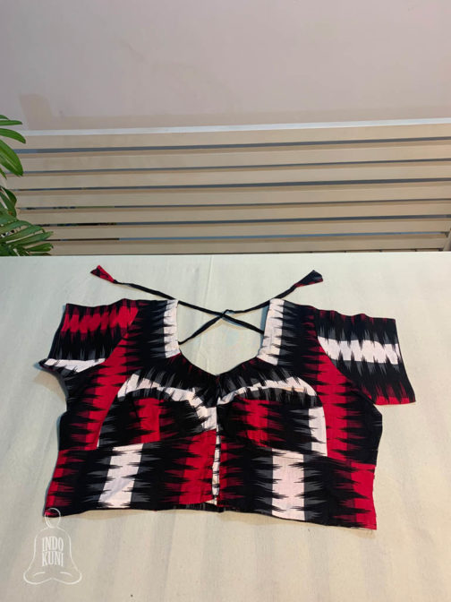 Ikat cotton fabric choli cut front opening blouse in the combination of white magenta and black