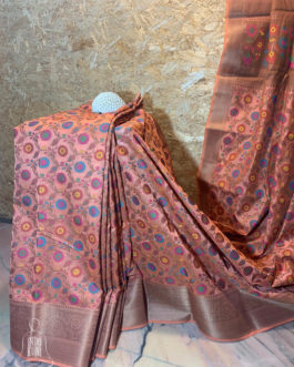 Banarasi Mercerised Cotton Silk saree in Peach color with Patola floral weave and multicolored resham meenakari