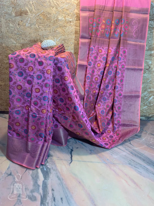 Banarasi Mercerised Cotton Silk saree in mauve color with Patola floral weave and multicolored resham meenakari