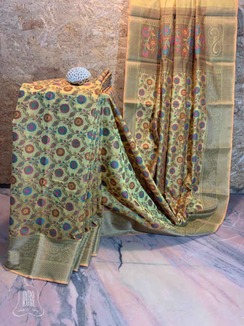 Banarasi Mercerised Cotton Silk saree in yellow color with Patola floral weave and multicolored resham meenakari