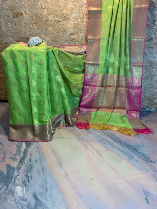 Banarasi Linen with golden zari weave saree in light Green with golden zari boota and Magenta border with floral zari weave