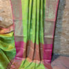 Banarasi Linen with golden zari weave saree in light Green with golden zari boota and Magenta border with floral zari weave