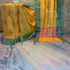 Banarasi Linen Orange Saree with golden zari weave and golden zari boota and Light Green border